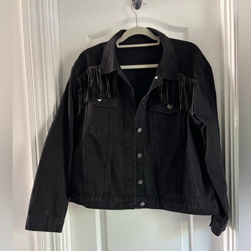 black denim jacket with sparkle fringe